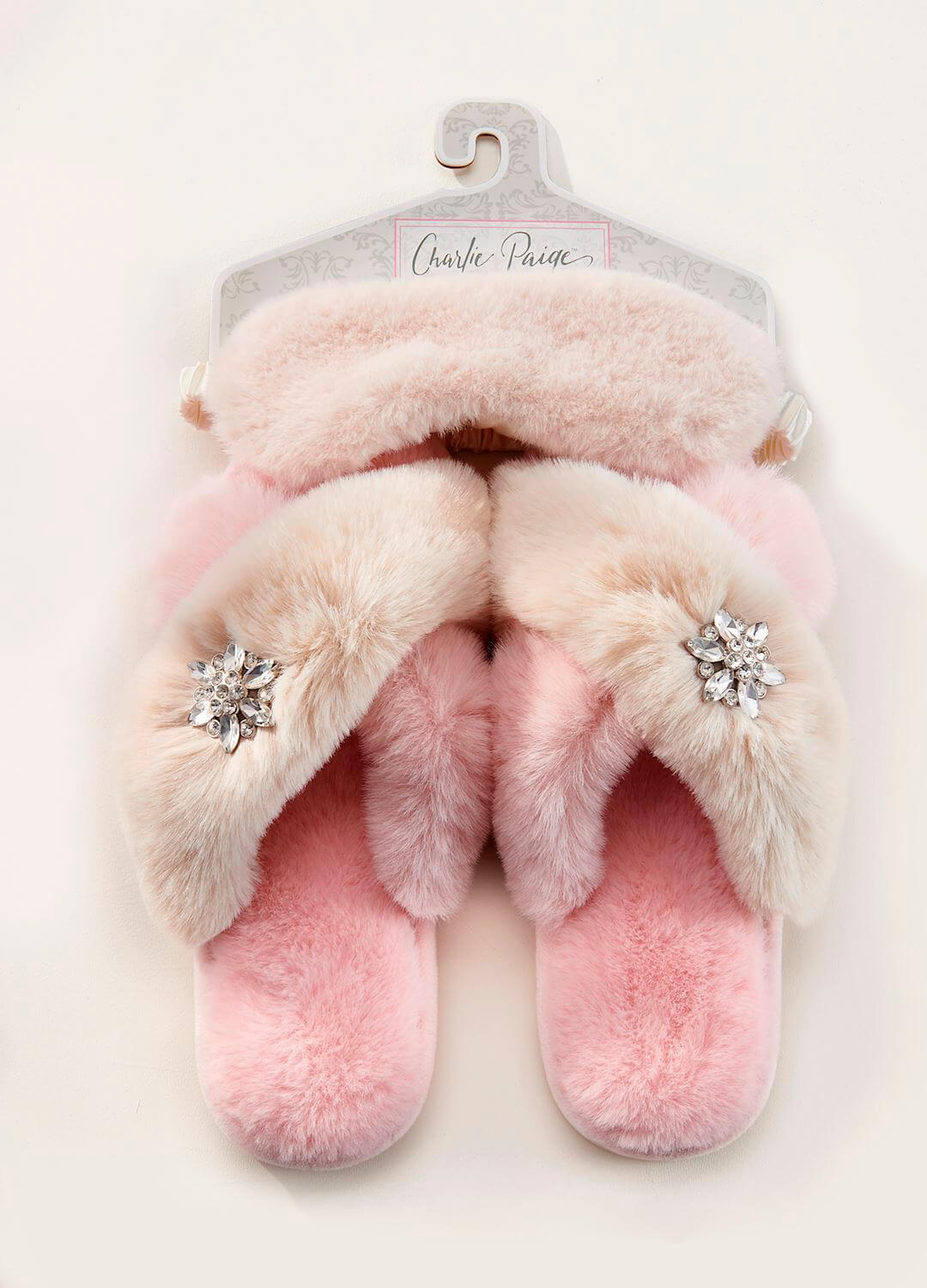 Rhinestone Slippers & Eye Mask Set-Bedroom Slippers,Eye Mask,Faux Fur,Loungewear,Loungewear & Intimates,Pink Combo,Rhinestone Detail,Slippers,Tan Combo,Women,women's-[option4]-[option5]-[option6]-Bella Bliss Boutique in Texas