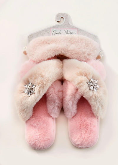 Rhinestone Slippers & Eye Mask Set-Bedroom Slippers,Eye Mask,Faux Fur,Loungewear,Loungewear & Intimates,Pink Combo,Rhinestone Detail,Slippers,Tan Combo,Women,women's-[option4]-[option5]-[option6]-Bella Bliss Boutique in Texas
