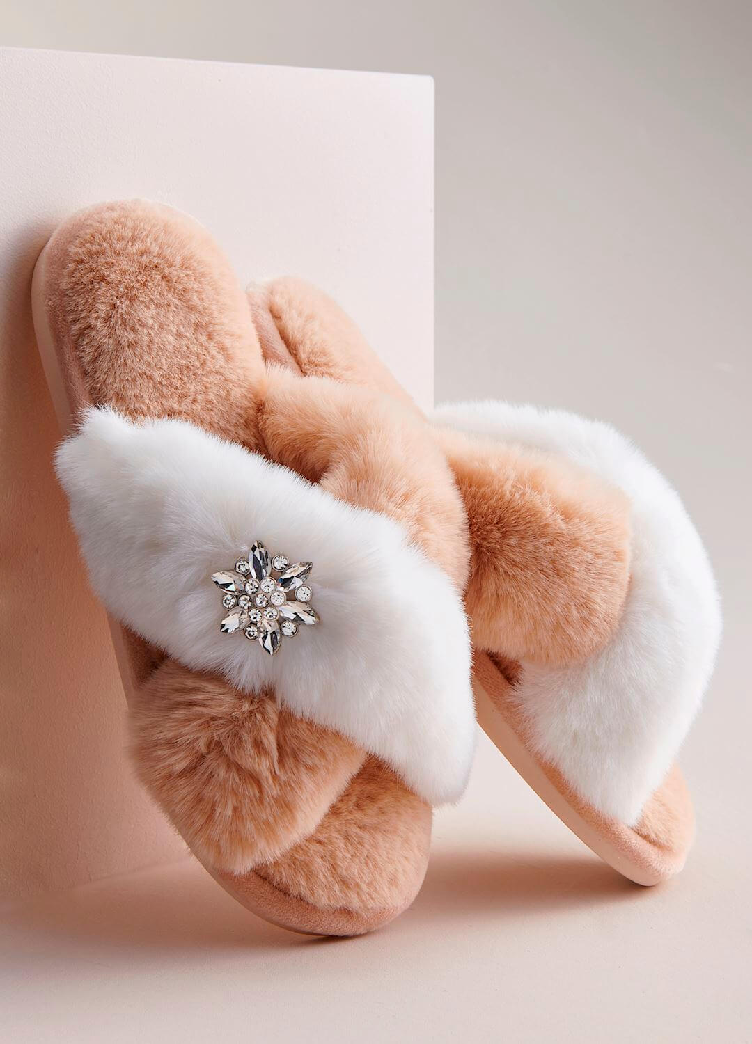 Rhinestone Slippers & Eye Mask Set-Bedroom Slippers,Eye Mask,Faux Fur,Loungewear,Loungewear & Intimates,Pink Combo,Rhinestone Detail,Slippers,Tan Combo,Women,women's-[option4]-[option5]-[option6]-Bella Bliss Boutique in Texas