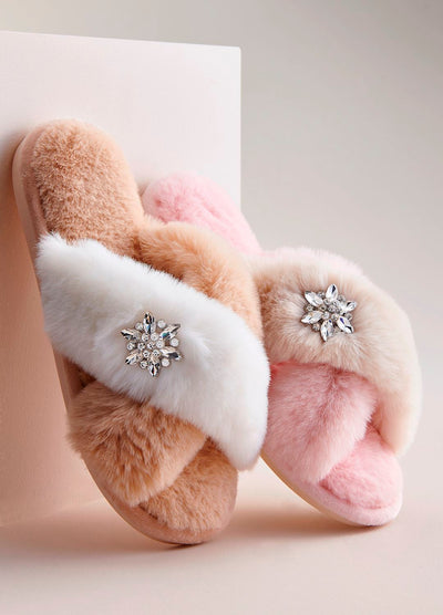 Rhinestone Slippers & Eye Mask Set-Bedroom Slippers,Eye Mask,Faux Fur,Loungewear,Loungewear & Intimates,Pink Combo,Rhinestone Detail,Slippers,Tan Combo,Women,women's-[option4]-[option5]-[option6]-Bella Bliss Boutique in Texas