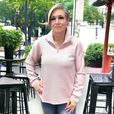 Ribbed Quarter Zip Sweatshirt-clothing, Peach Blossom, Quarter Zip, Ribbed Texture, Sweatshirt, Top, Tops, Women, women's-S-[option4]-[option5]-[option6]-Bella Bliss Boutique in Texas