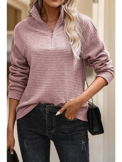 Ribbed Quarter Zip Sweatshirt-clothing, Peach Blossom, Quarter Zip, Ribbed Texture, Sweatshirt, Top, Tops, Women, women's-[option4]-[option5]-[option6]-Bella Bliss Boutique in Texas