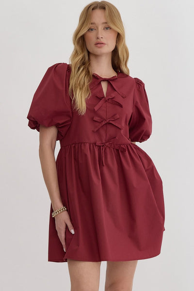 Ribbon Detail Mini Dress-Bubble Sleeve, clothing, Crimson, dress, dresses, Mini Dress, Ribbon Detail, Short Sleeve, Women, women's-[option4]-[option5]-[option6]-Bella Bliss Boutique in Texas