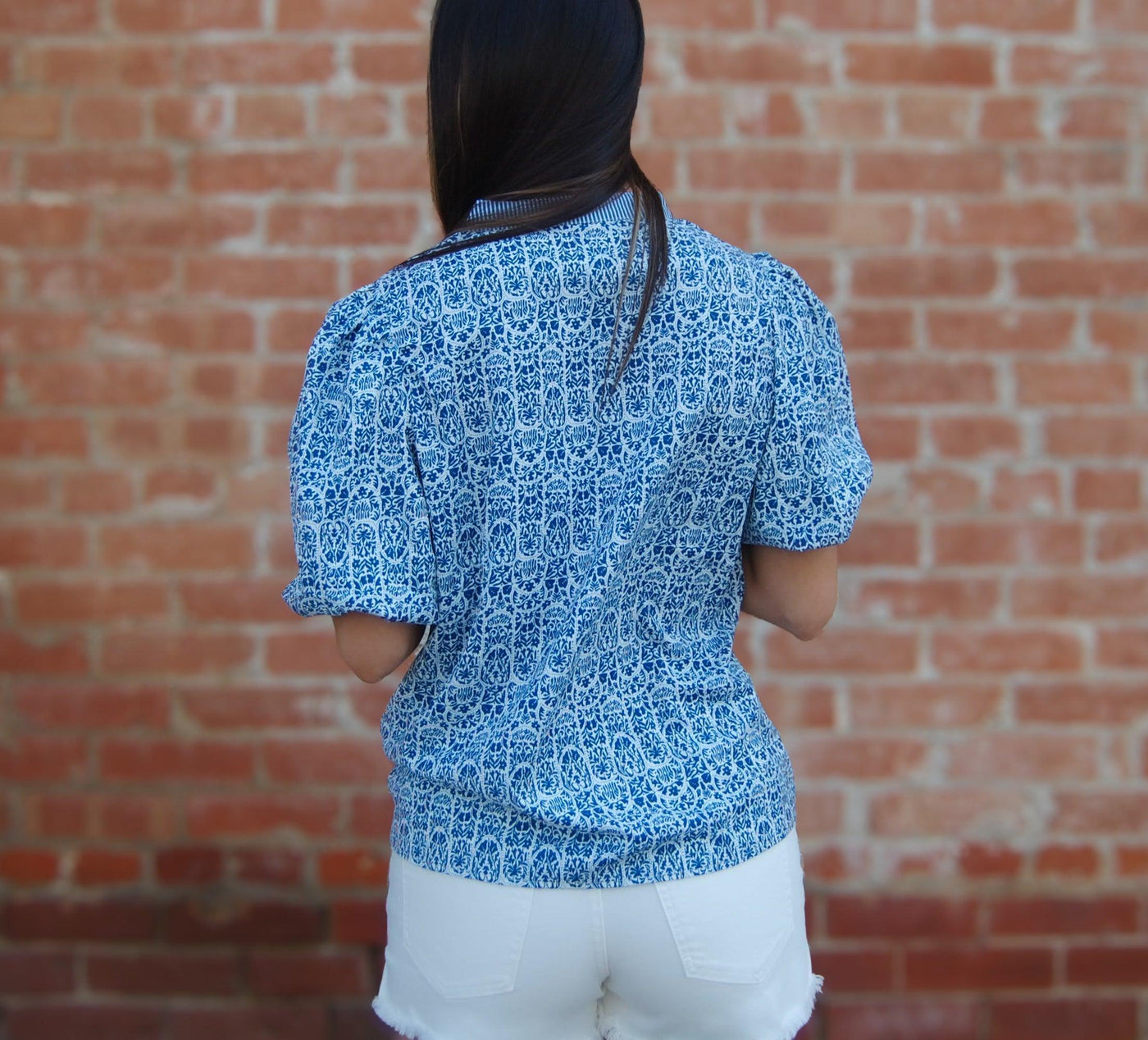 Rick Rack Detail Puff Sleeve Top-Blue,clothing,Elbow Puff Sleeves,Floral Print,Puff Sleeve,Rick Rack,Rick Rack Detail,Top,Tops,Women,women's-[option4]-[option5]-[option6]-Bella Bliss Boutique in Texas