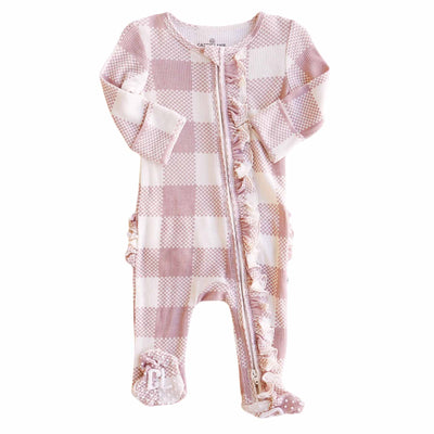 Rosy Check Zipper Footies-Caden Lane,checkered,Children & Tween,Children & Tweens,Footed,infant,Infant to 6,Pink,Rompers,Ruffle Detail,Zipper Detail-Rosy Big Check-Newborn-[option4]-[option5]-[option6]-Bella Bliss Boutique in Texas