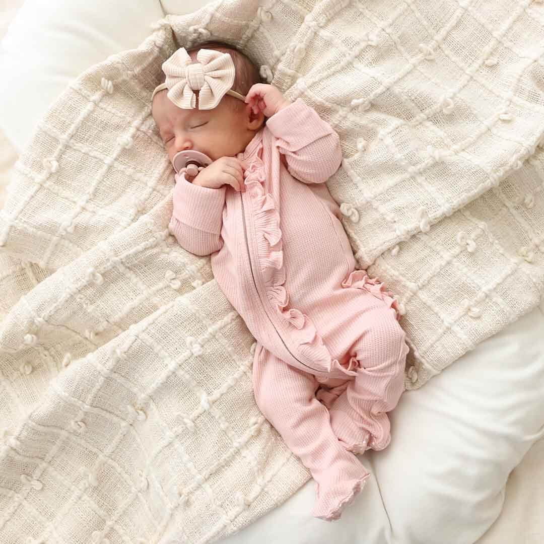 Rosy Check Zipper Footies-Caden Lane,checkered,Children & Tween,Children & Tweens,Footed,infant,Infant to 6,Pink,Rompers,Ruffle Detail,Zipper Detail-[option4]-[option5]-[option6]-Bella Bliss Boutique in Texas