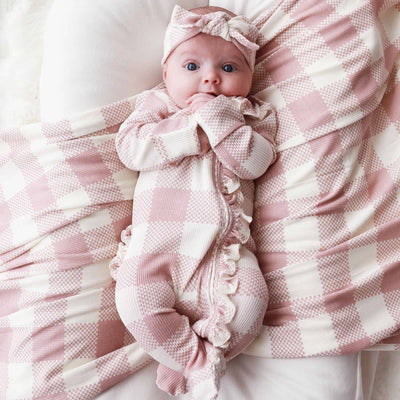 Rosy Check Zipper Footies-Caden Lane,checkered,Children & Tween,Children & Tweens,Footed,infant,Infant to 6,Pink,Rompers,Ruffle Detail,Zipper Detail-[option4]-[option5]-[option6]-Bella Bliss Boutique in Texas