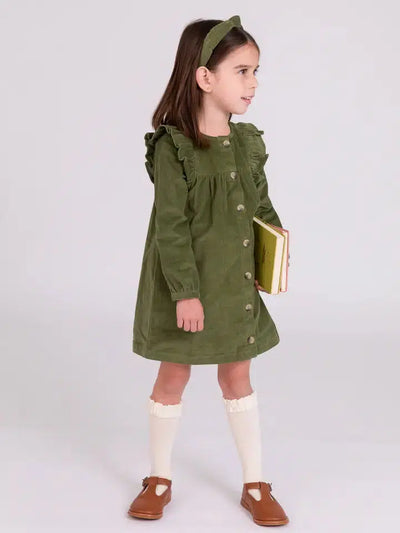 Ruffle Detail Corduroy Dress-Children & Tweens, children's, clothing, dress, dresses, Dusty Olive, Infant to 6, Ruffle Detail, Tweens 7-14-3T-[option4]-[option5]-[option6]-Bella Bliss Boutique in Texas