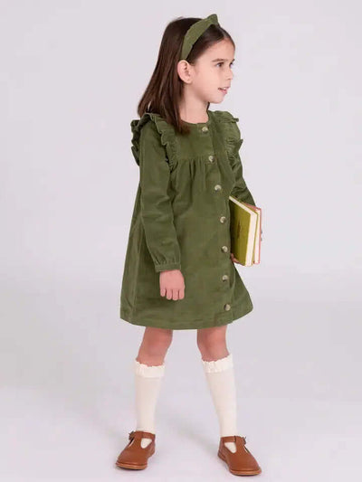 Ruffle Detail Corduroy Dress-Children & Tweens,children's,clothing,dress,dresses,Dusty Olive,Infant to 6,Ruffle Detail,Sale,Tweens 7-14-[option4]-[option5]-[option6]-Bella Bliss Boutique in Texas