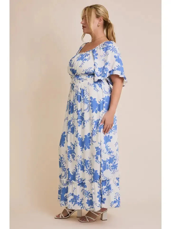 Ruffle Detail Floral Maxi Dress-Blue,Blue & White,clothing,Curvy,dress,dresses,Floral,Floral Print,Maxi Dress,Ruffle Detail,Square Neck,Square Neckline,White-1XL-[option4]-[option5]-[option6]-Bella Bliss Boutique in Texas