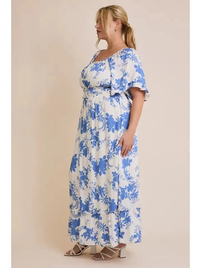 Ruffle Detail Floral Maxi Dress-Blue,Blue & White,clothing,Curvy,dress,dresses,Floral,Floral Print,Maxi Dress,Ruffle Detail,Square Neck,Square Neckline,White-[option4]-[option5]-[option6]-Bella Bliss Boutique in Texas