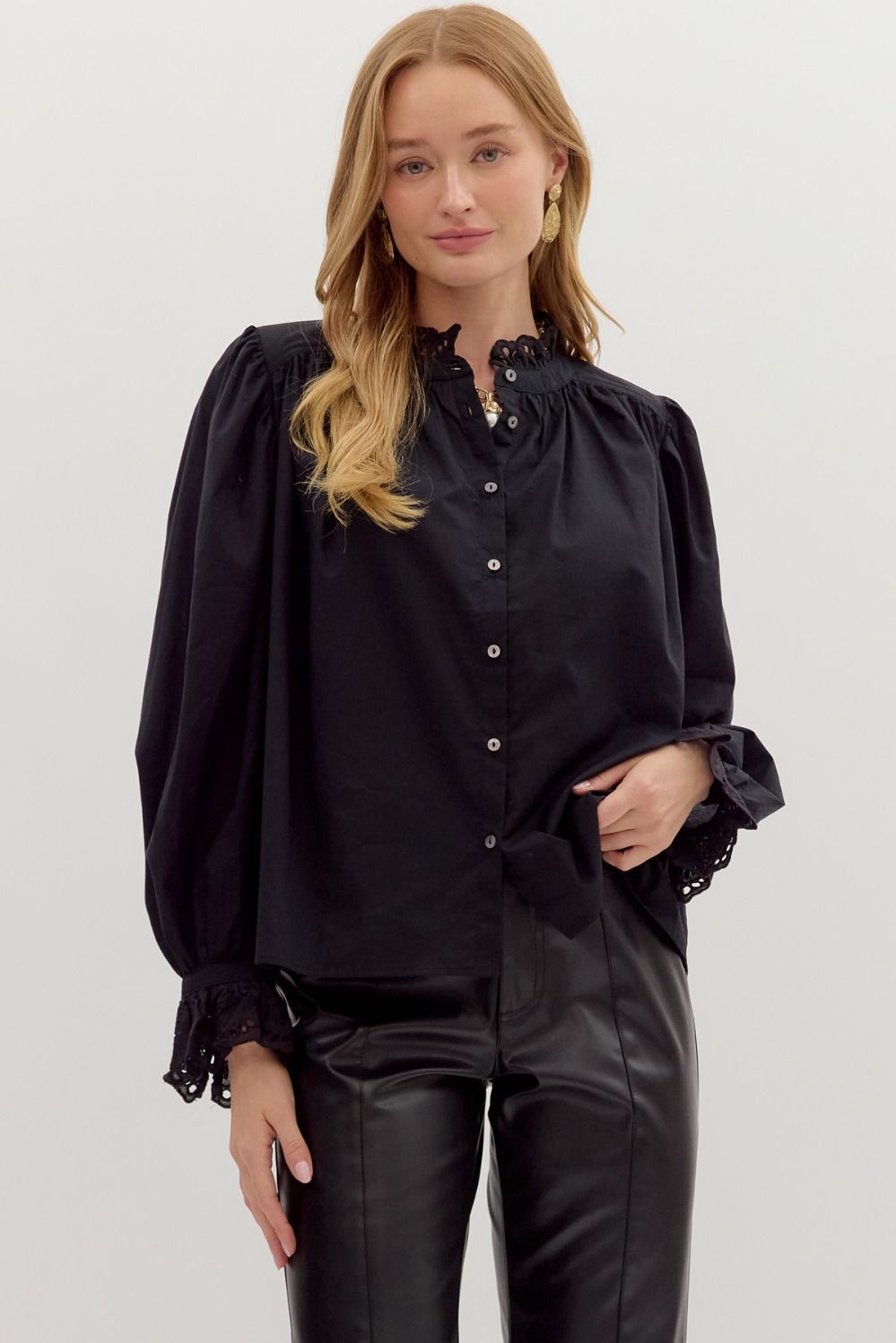 Ruffle Eyelet Detail Top-Black,clothing,Eyelet Detail,Long Sleeve,Ruffle Detail,Ruffle Detail Neckline,Ruffle Detail Top,Top,Tops,Women,women's-S-[option4]-[option5]-[option6]-Bella Bliss Boutique in Texas