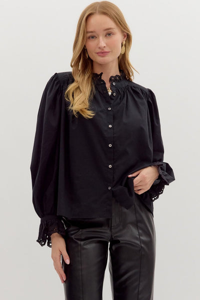 Ruffle Eyelet Detail Top-Black,clothing,Eyelet Detail,Long Sleeve,Ruffle Detail,Ruffle Detail Neckline,Ruffle Detail Top,Top,Tops,Women,women's-S-[option4]-[option5]-[option6]-Bella Bliss Boutique in Texas
