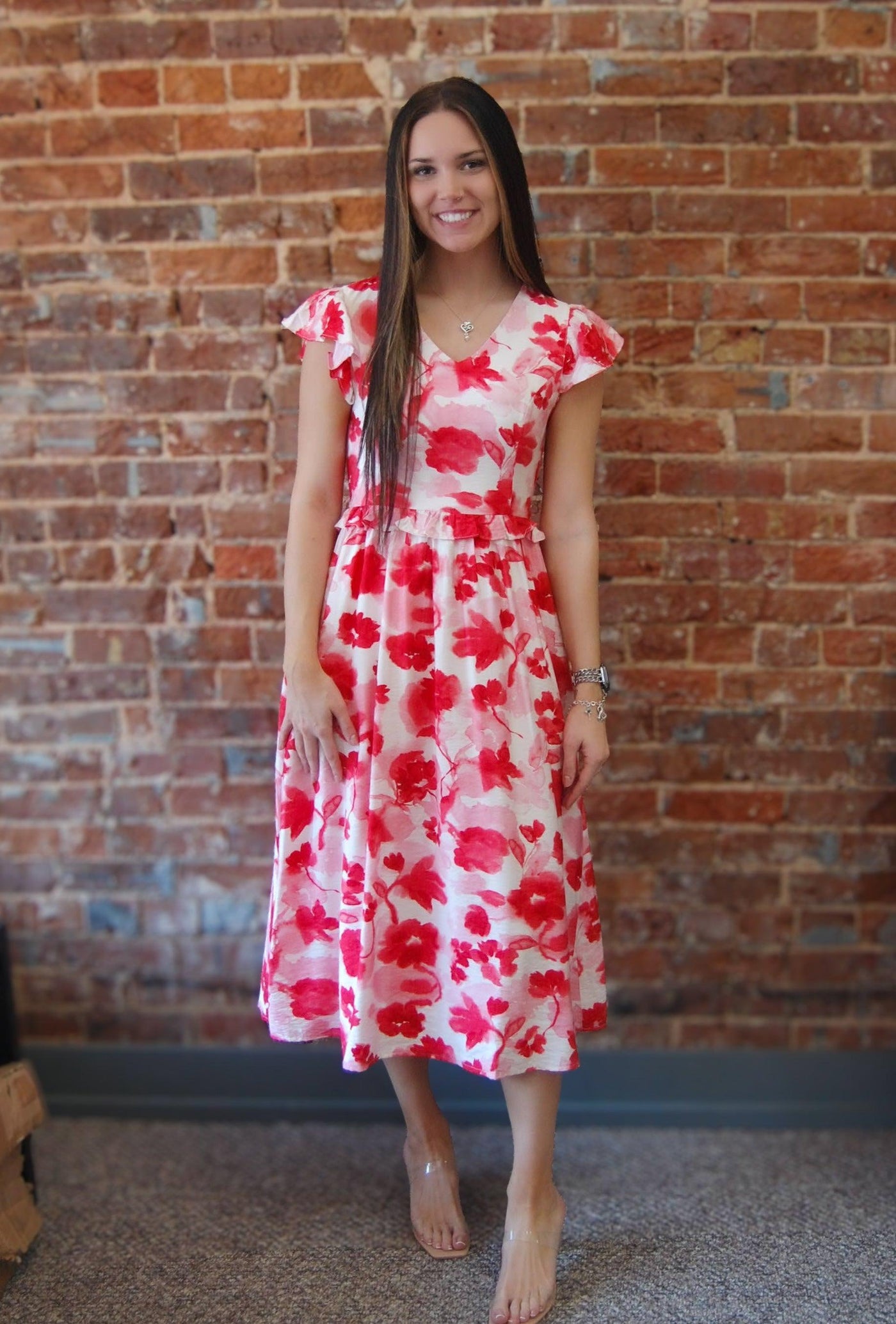 Ruffle Sleeve Midi Dress-clothing,dress,dresses,Floral,Floral Print,Midi Dress,Red,ruffle,Ruffle Detail,Ruffle Sleeve,Vibrant Red,Women,women's-S-[option4]-[option5]-[option6]-Bella Bliss Boutique in Texas