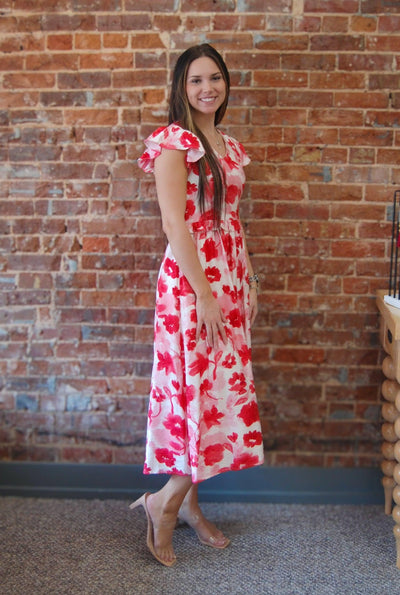 Ruffle Sleeve Midi Dress-clothing,dress,dresses,Floral,Floral Print,Midi Dress,Red,ruffle,Ruffle Detail,Ruffle Sleeve,Vibrant Red,Women,women's-[option4]-[option5]-[option6]-Bella Bliss Boutique in Texas