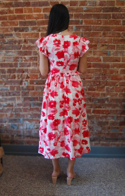 Ruffle Sleeve Midi Dress-clothing,dress,dresses,Floral,Floral Print,Midi Dress,Red,ruffle,Ruffle Detail,Ruffle Sleeve,Vibrant Red,Women,women's-[option4]-[option5]-[option6]-Bella Bliss Boutique in Texas
