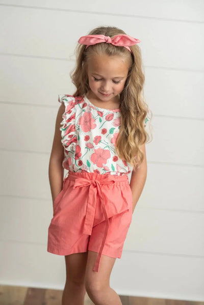 Ruffle Sleeve Short Set-Bottoms, Chidrens/Tweens, Children & Tweens, children's, Children/Tween, Childrens/Tween, clothing, easter, Floral Print, Infant to 6, infant-6, Ruffle Sleeve, set, shorts, spring, summer, teal, Top, Tops, tween, Tween 7-14, Tweens 7-14-Coral/Pink-3/4T-[option4]-[option5]-[option6]-Bella Bliss Boutique in Texas