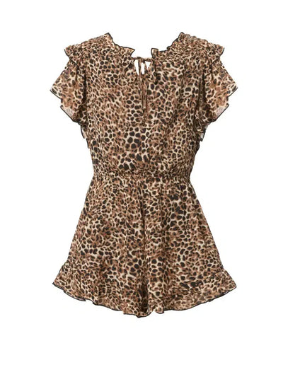 Ruffle & Smocked Neck Romper-Animal Print, Bottoms, Children & Tweens, clothing, jumpsuit, Jumpsuits & Rompers, leopard, Leopard Print, romper, Rompers, Ruffle Detail, smocked, Smocked Neck, Smocking, Top, Tops, Tween 7-14, Tweens 7-14-7-[option4]-[option5]-[option6]-Bella Bliss Boutique in Texas