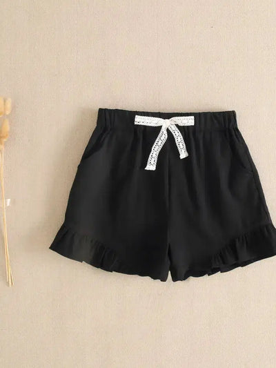 Ruffle Trim Shorts-Black,Children & Tweens,clothing,Drawstring,Drawstring Waist,Elastic Waist,Ruffle Trim,Sale,Tween 7-14,Tweens 7-14-[option4]-[option5]-[option6]-Bella Bliss Boutique in Texas