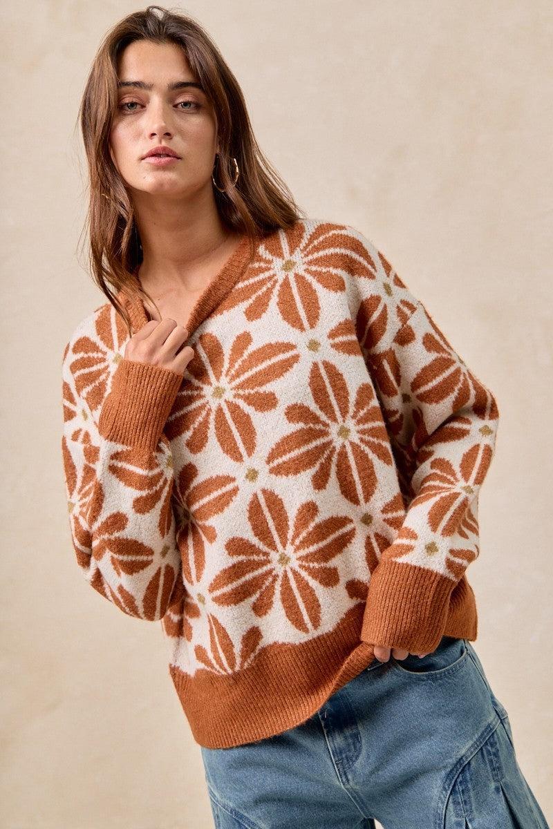 Rust Bloom Knit Sweater-clothing,Floral,Floral Print,Knit Sweater,Lightweight Sweater,Sweater,Sweaters,Top,Tops,Women,women's-[option4]-[option5]-[option6]-Bella Bliss Boutique in Texas
