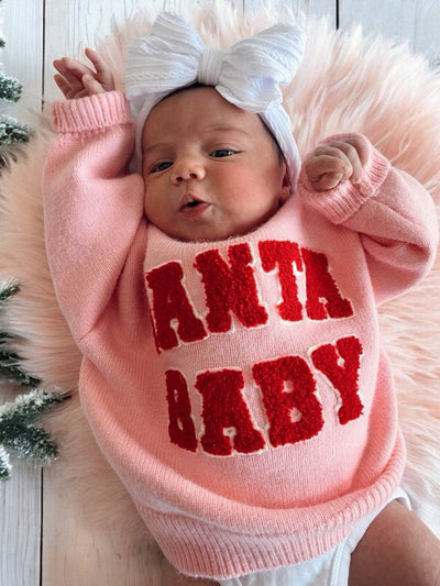Santa Baby Pink Graphic Sweater-Children & Tween,Children & Tweens,children's,Childrens/Tween,clothing,Crochet Sweater,Infant to 6,Knit Sweater,Lightweight Sweater,Pink,Sweater,Sweaters,Tops-[option4]-[option5]-[option6]-Bella Bliss Boutique in Texas
