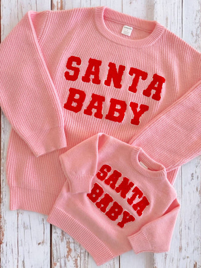 Santa Baby Pink Graphic Sweater-clothing,Cuffed Hem,holiday,Knit Sweater,Lightweight Sweater,Pink,Ribbed Cuff,Sweater,Sweaters,Tops,Women,women's-[option4]-[option5]-[option6]-Bella Bliss Boutique in Texas