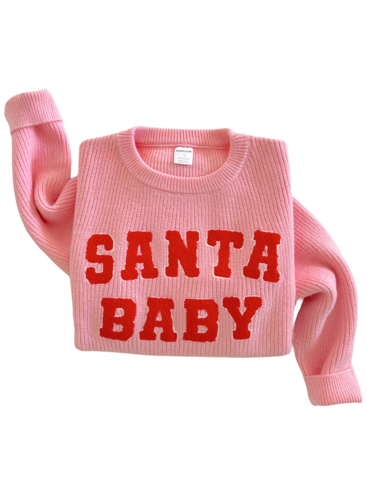 Santa Baby Pink Graphic Sweater-clothing,Cuffed Hem,holiday,Knit Sweater,Lightweight Sweater,Pink,Ribbed Cuff,Sweater,Sweaters,Tops,Women,women's-[option4]-[option5]-[option6]-Bella Bliss Boutique in Texas