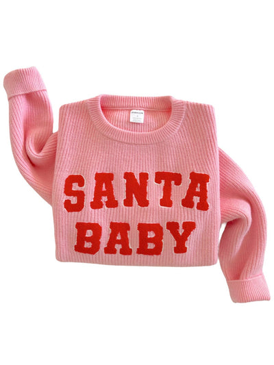 Santa Baby Pink Graphic Sweater-clothing,Cuffed Hem,holiday,Knit Sweater,Lightweight Sweater,Pink,Ribbed Cuff,Sweater,Sweaters,Tops,Women,women's-[option4]-[option5]-[option6]-Bella Bliss Boutique in Texas