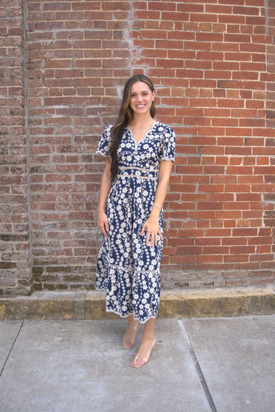Scalloped Edge Lace Detail Dress-clothing,dresses,embroidered,Embroidered Detail,Embroidery Detail,Floral,Floral Embroidery,Floral Print,Lace Detail,Midi Dress,Navy/Cream,Scallop,Scallop Edge,Scallop Hem,Scallop Neckline,Scallop Trim,Scalloped,Scalloped Detail,Scalloped Edge,women's-S-[option4]-[option5]-[option6]-Bella Bliss Boutique in Texas