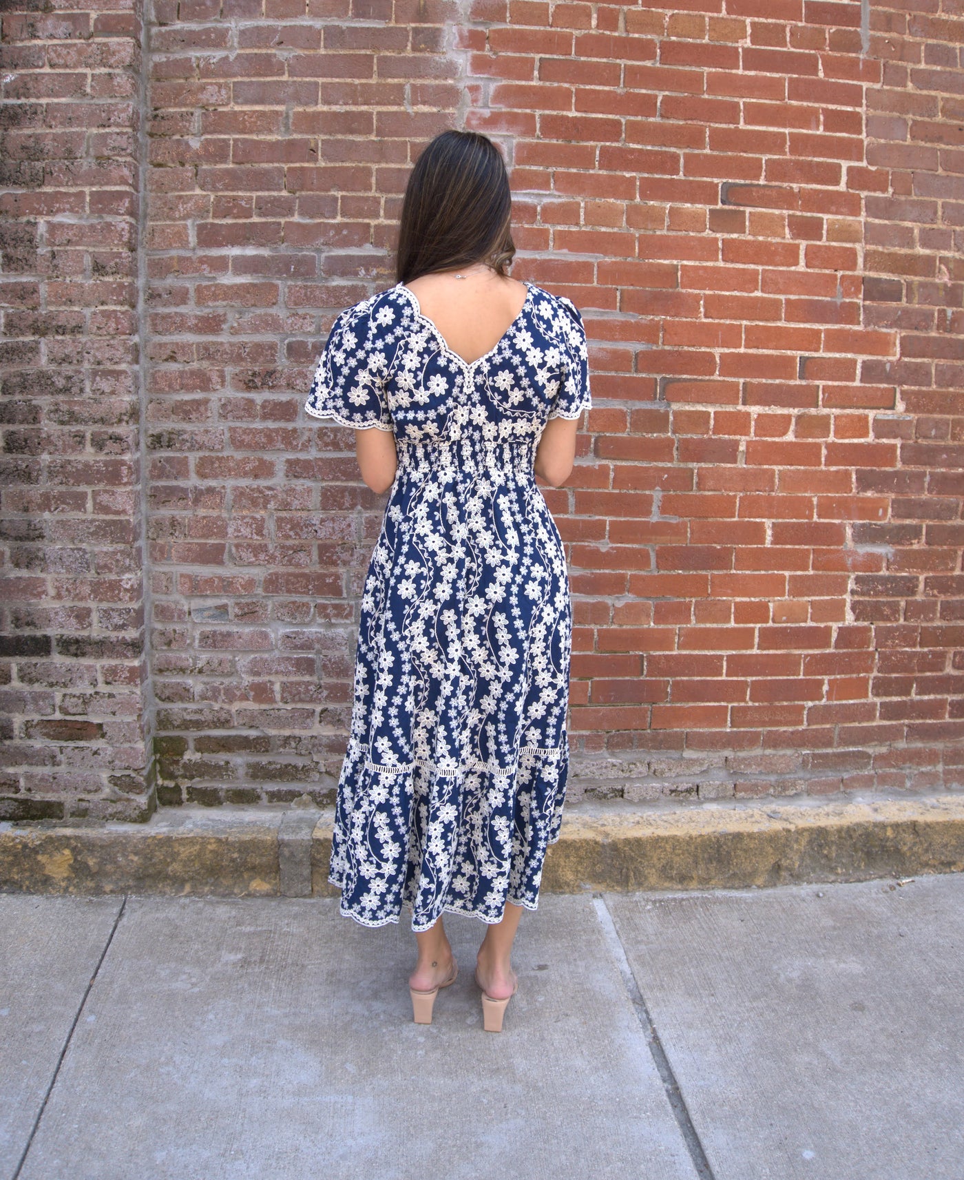 Scalloped Edge Lace Detail Dress-clothing,dresses,embroidered,Embroidered Detail,Embroidery Detail,Floral,Floral Embroidery,Floral Print,Lace Detail,Midi Dress,Navy/Cream,Scallop,Scallop Edge,Scallop Hem,Scallop Neckline,Scallop Trim,Scalloped,Scalloped Detail,Scalloped Edge,women's-[option4]-[option5]-[option6]-Bella Bliss Boutique in Texas