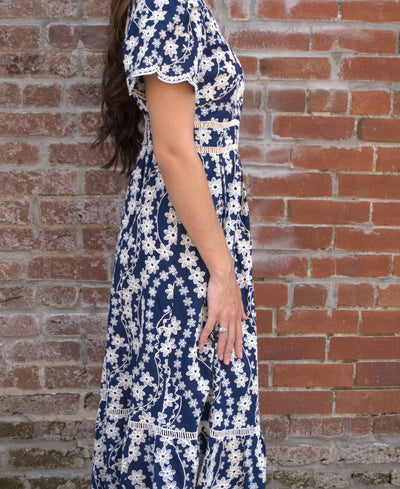 Scalloped Edge Lace Detail Dress-clothing,dresses,embroidered,Embroidered Detail,Embroidery Detail,Floral,Floral Embroidery,Floral Print,Lace Detail,Midi Dress,Navy/Cream,Scallop,Scallop Edge,Scallop Hem,Scallop Neckline,Scallop Trim,Scalloped,Scalloped Detail,Scalloped Edge,women's-[option4]-[option5]-[option6]-Bella Bliss Boutique in Texas