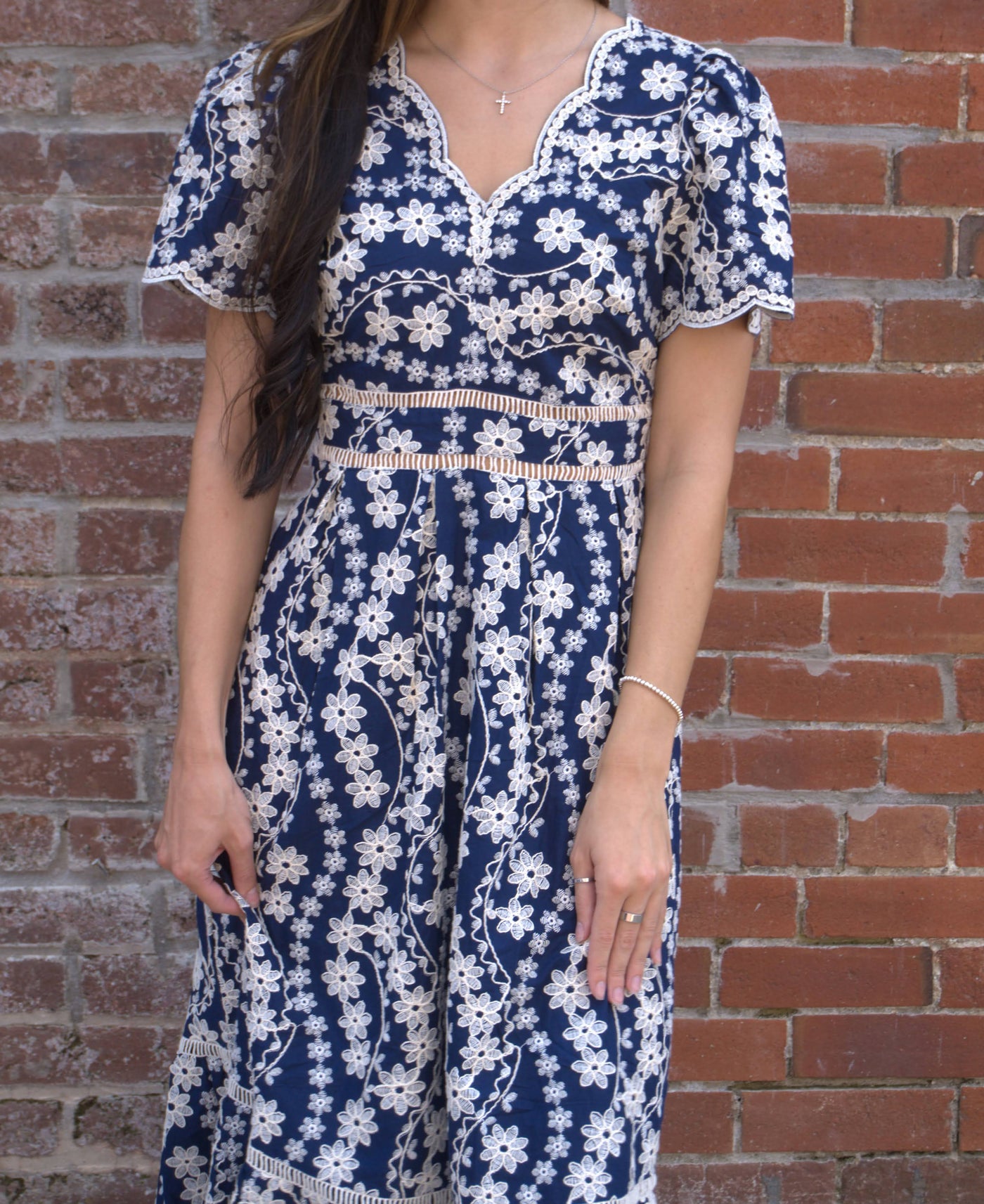Scalloped Edge Lace Detail Dress-clothing,dresses,embroidered,Embroidered Detail,Embroidery Detail,Floral,Floral Embroidery,Floral Print,Lace Detail,Midi Dress,Navy/Cream,Scallop,Scallop Edge,Scallop Hem,Scallop Neckline,Scallop Trim,Scalloped,Scalloped Detail,Scalloped Edge,women's-[option4]-[option5]-[option6]-Bella Bliss Boutique in Texas