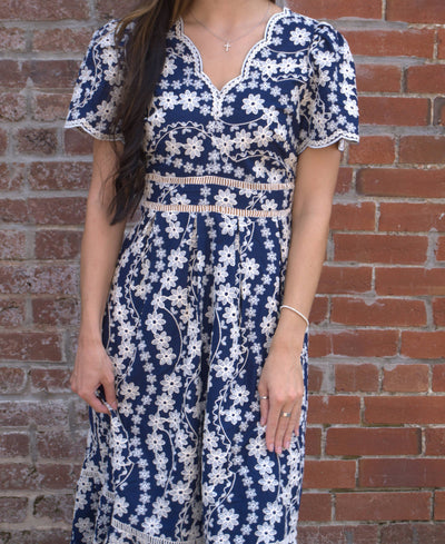 Scalloped Edge Lace Detail Dress-clothing,dresses,embroidered,Embroidered Detail,Embroidery Detail,Floral,Floral Embroidery,Floral Print,Lace Detail,Midi Dress,Navy/Cream,Scallop,Scallop Edge,Scallop Hem,Scallop Neckline,Scallop Trim,Scalloped,Scalloped Detail,Scalloped Edge,women's-[option4]-[option5]-[option6]-Bella Bliss Boutique in Texas
