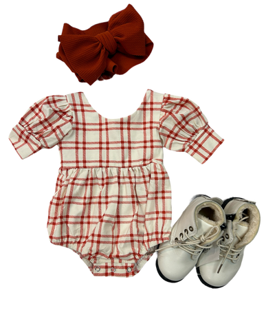 Scarlet Plaid Puff Romper-Children & Tweens,children's,Children/Tween,Childrens/Tween,girls,infant,Infant to 6,infant-6,Jumpsuits & Rompers,romper,Rompers-[option4]-[option5]-[option6]-Bella Bliss Boutique in Texas
