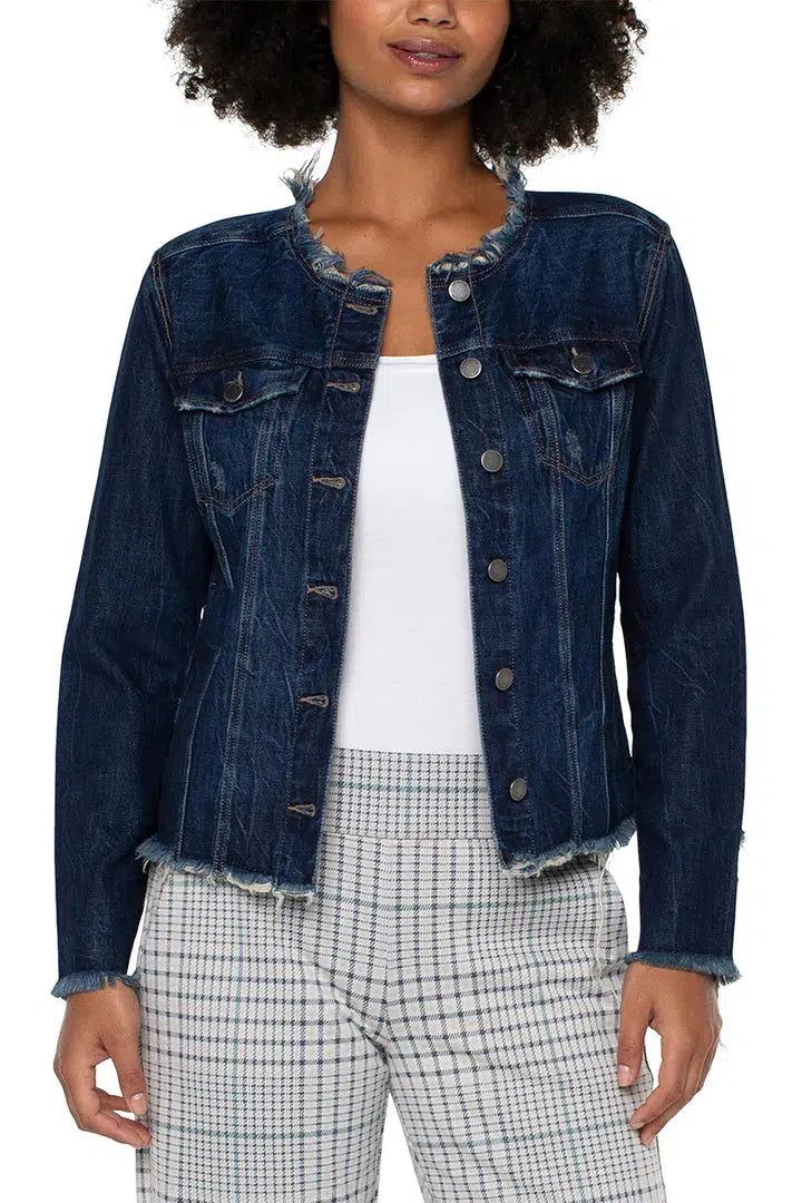 Self Lace-Up Denim Jacket-clothing, Coats & Jackets, Davidson, denim, Denim Jacket, Frayed Edge, Frayed Hem, jacket, Lace-Up Detail, Self Lace-Up, Women, women's-XS-[option4]-[option5]-[option6]-Bella Bliss Boutique in Texas