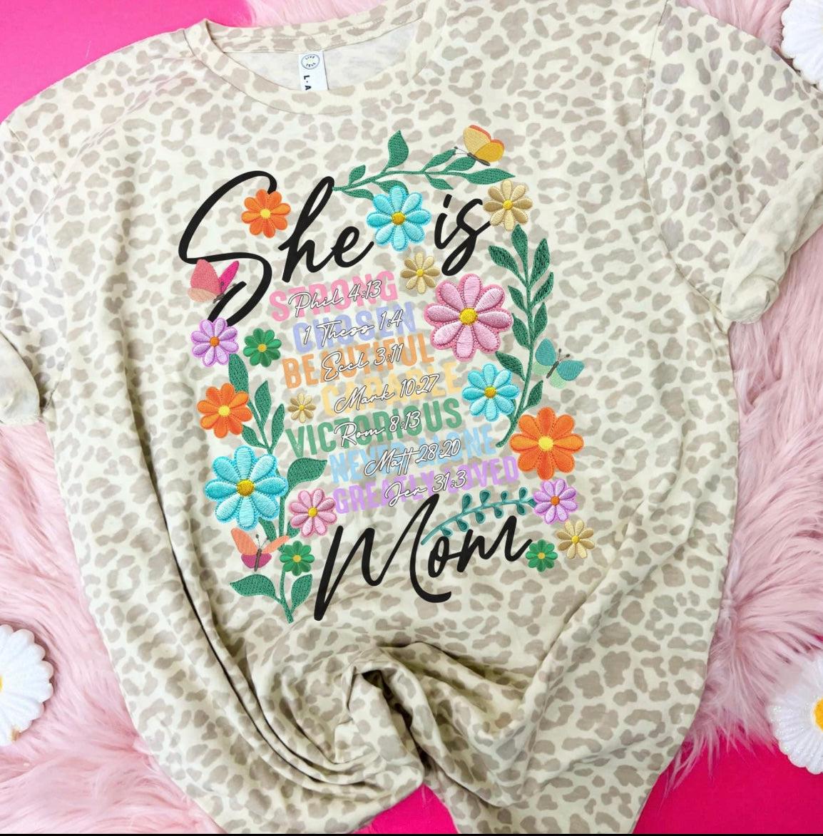 She is...Mom Tee-Animal Print, Bible Verses, Christian, clothing, Curvy, leopard, Leopard Print, Mom, T-Shirt, Top, Tops, Women, women's-S-[option4]-[option5]-[option6]-Bella Bliss Boutique in Texas