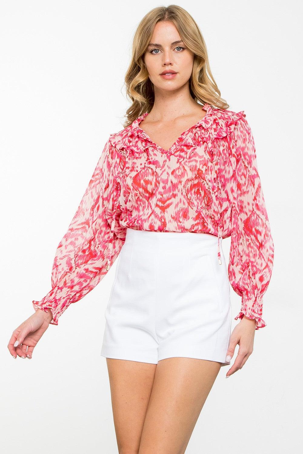 Sheer Print Top-clothing, Long Sleeve, Pink, Sheer, Sheer Print, Top, Tops, Women, women's-[option4]-[option5]-[option6]-Bella Bliss Boutique in Texas