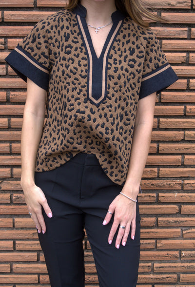 Short Sleeve Cheetah Print V-Neck Top-Black,Brown,Casual Chic,Cheetah,Cheetah Print,Knit,leopard,Lightweight,Short Sleeve,Top,Tops,V-Neck,Women,women's-[option4]-[option5]-[option6]-Bella Bliss Boutique in Texas