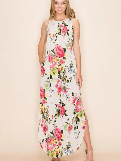 Sleeveless Floral Maxi Dress-Clothing, dress, Dresses, Floral, floral dress, Floral Print, Ivory, Maxi, Maxi Dresses, spring, women, Women's-S-[option4]-[option5]-[option6]-Bella Bliss Boutique in Texas