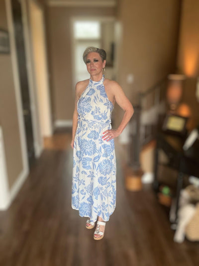 Sleeveless Halter Maxi Dress-Blue,clothing,dress,dresses,Floral Print,Halter,Halter Dress,Halter Neck,Maxi Dress,Open Back,Sale,Sleeveless,Waistline Tie,Women,women's-[option4]-[option5]-[option6]-Bella Bliss Boutique in Texas