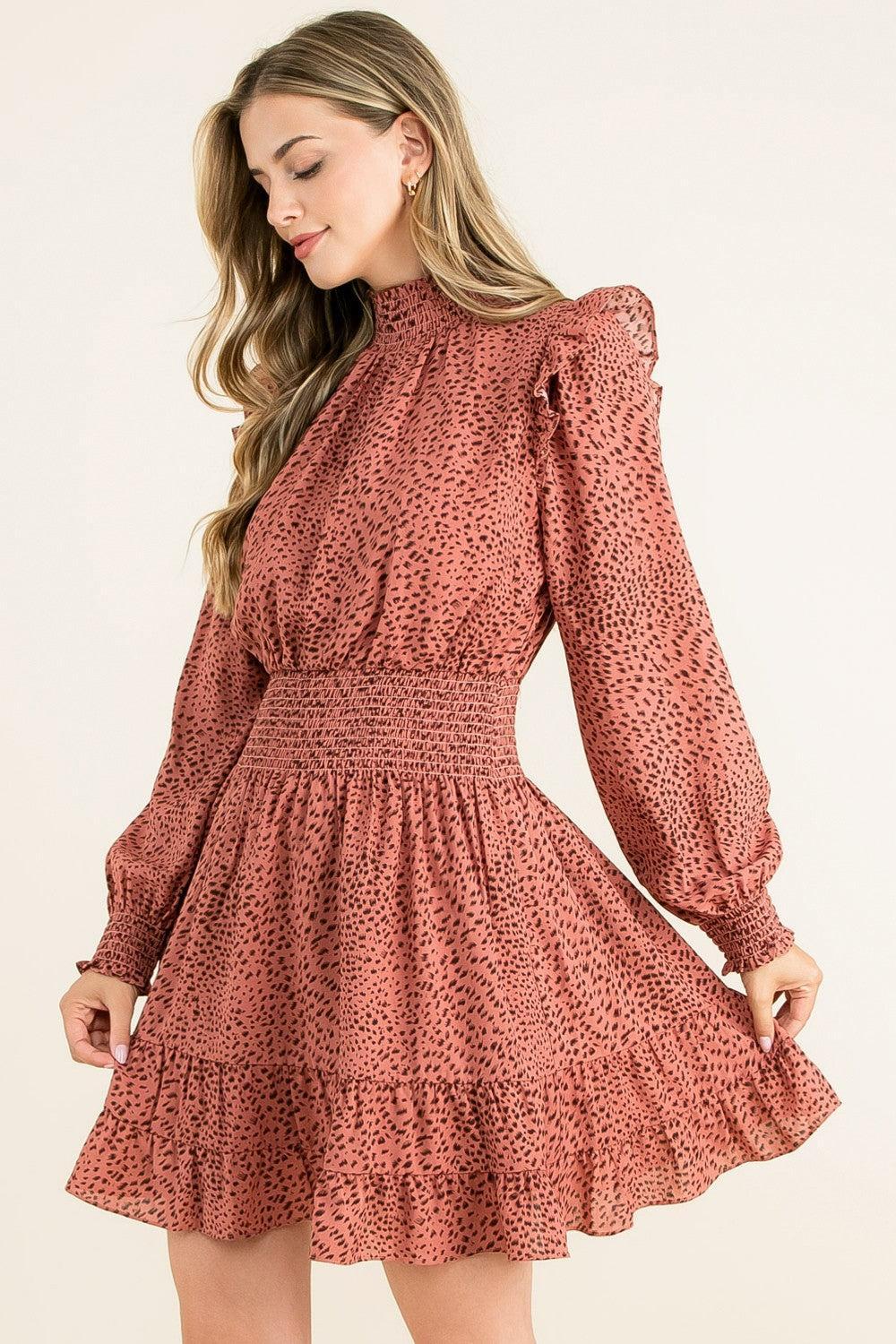 Smock Neck Ruffle Tiered Mini Dress-clothing,dress,dresses,Long Sleeve,mauve,Mini Dress,ruffle,Ruffle Detail,Ruffled Shoulder,Smock Neck,smocked,smocked Detail,smocked waist,Tiered,Tiered Dress,Tiered Hem,Tiered Ruffle Hem,Women,women's-XS-[option4]-[option5]-[option6]-Bella Bliss Boutique in Texas