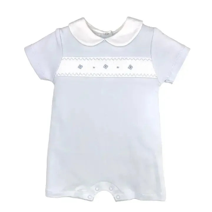 Smocked Knit Romper-Blue,Bubble Romper,Children & Tweens,children's,clothing,Cotton Romper,Infant to 6,Jumpsuits & Rompers,Matching Hat,peter pan collar,romper,Rompers,Short Romper,smocked,smocked Detail,Smocking,Smocking Detail-3M-[option4]-[option5]-[option6]-Bella Bliss Boutique in Texas