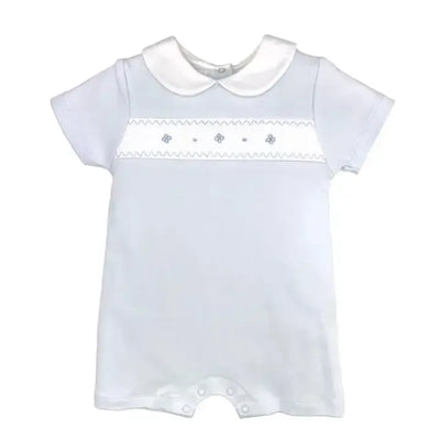 Smocked Knit Romper-Blue,Bubble Romper,Children & Tweens,children's,clothing,Cotton Romper,Infant to 6,Jumpsuits & Rompers,Matching Hat,peter pan collar,romper,Rompers,Short Romper,smocked,smocked Detail,Smocking,Smocking Detail-3M-[option4]-[option5]-[option6]-Bella Bliss Boutique in Texas