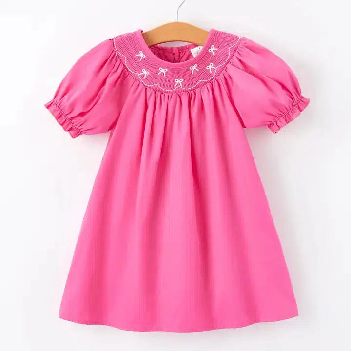 Smocked Necked Dress-Children & Tweens, children's, clothing, dress, dresses, embroidered, Embroidered Detail, Hot Pink, Infant to 6, Red, smocked, smocked Detail, Smocked Neck, Tweens 7-14-Hot Pink-2-[option4]-[option5]-[option6]-Bella Bliss Boutique in Texas