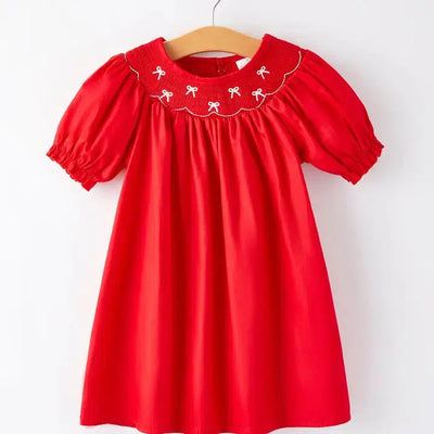 Smocked Necked Dress-Children & Tweens, children's, clothing, dress, dresses, embroidered, Embroidered Detail, Hot Pink, Infant to 6, Red, smocked, smocked Detail, Smocked Neck, Tweens 7-14-Red-2-[option4]-[option5]-[option6]-Bella Bliss Boutique in Texas