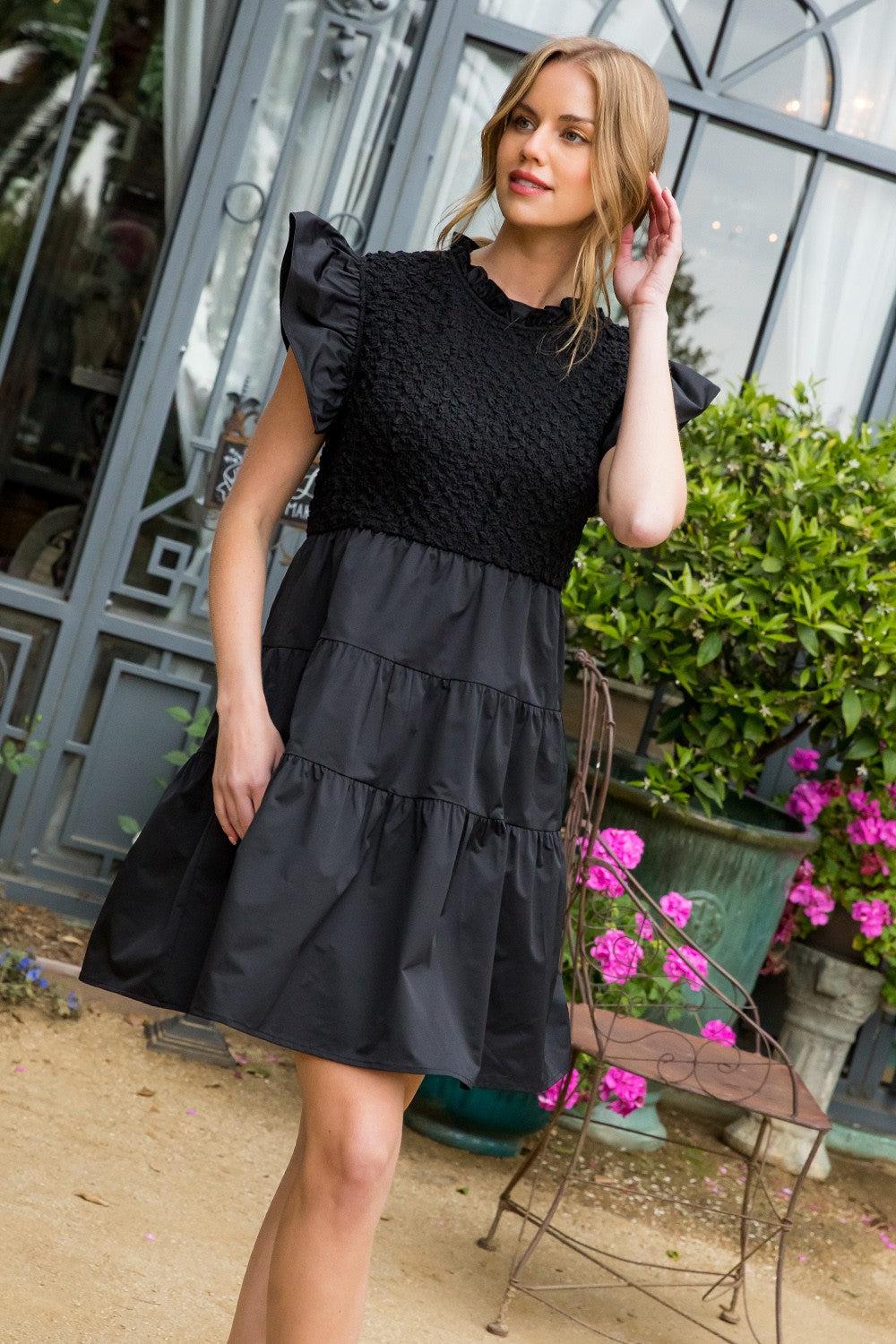 Smocked Poplin Tiered Dress-Black, clothing, dress, dresses, Mini Dress, Poplin, smocked, Smocking, Tiered, Women, women's-XS-[option4]-[option5]-[option6]-Bella Bliss Boutique in Texas