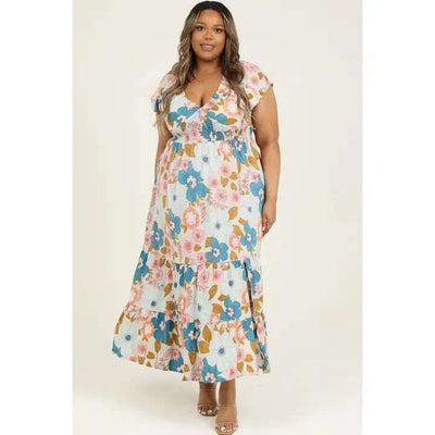 Smocked Waist Maxi Dress-clothing,Curvy,dress,dresses,Floral Print,Maxi Dress,smocked,smocked Detail,smocked waist,V-Neck-1XL-[option4]-[option5]-[option6]-Bella Bliss Boutique in Texas