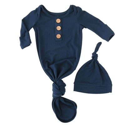Solid Dark Navy Newborn Knot Gown-Button Detail,Caden Lane,Children & Tween,Children & Tweens,Infant to 6,navy blue,newborn,Rompers,Swaddle + Headband-Newborn-[option4]-[option5]-[option6]-Bella Bliss Boutique in Texas