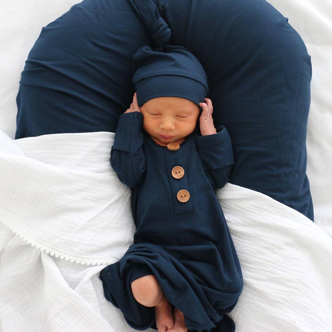Solid Dark Navy Newborn Knot Gown-Button Detail,Caden Lane,Children & Tween,Children & Tweens,Infant to 6,navy blue,newborn,Rompers,Swaddle + Headband-[option4]-[option5]-[option6]-Bella Bliss Boutique in Texas