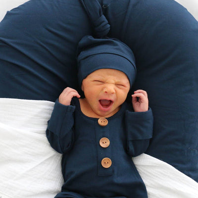 Solid Dark Navy Newborn Knot Gown-Button Detail,Caden Lane,Children & Tween,Children & Tweens,Infant to 6,navy blue,newborn,Rompers,Swaddle + Headband-[option4]-[option5]-[option6]-Bella Bliss Boutique in Texas
